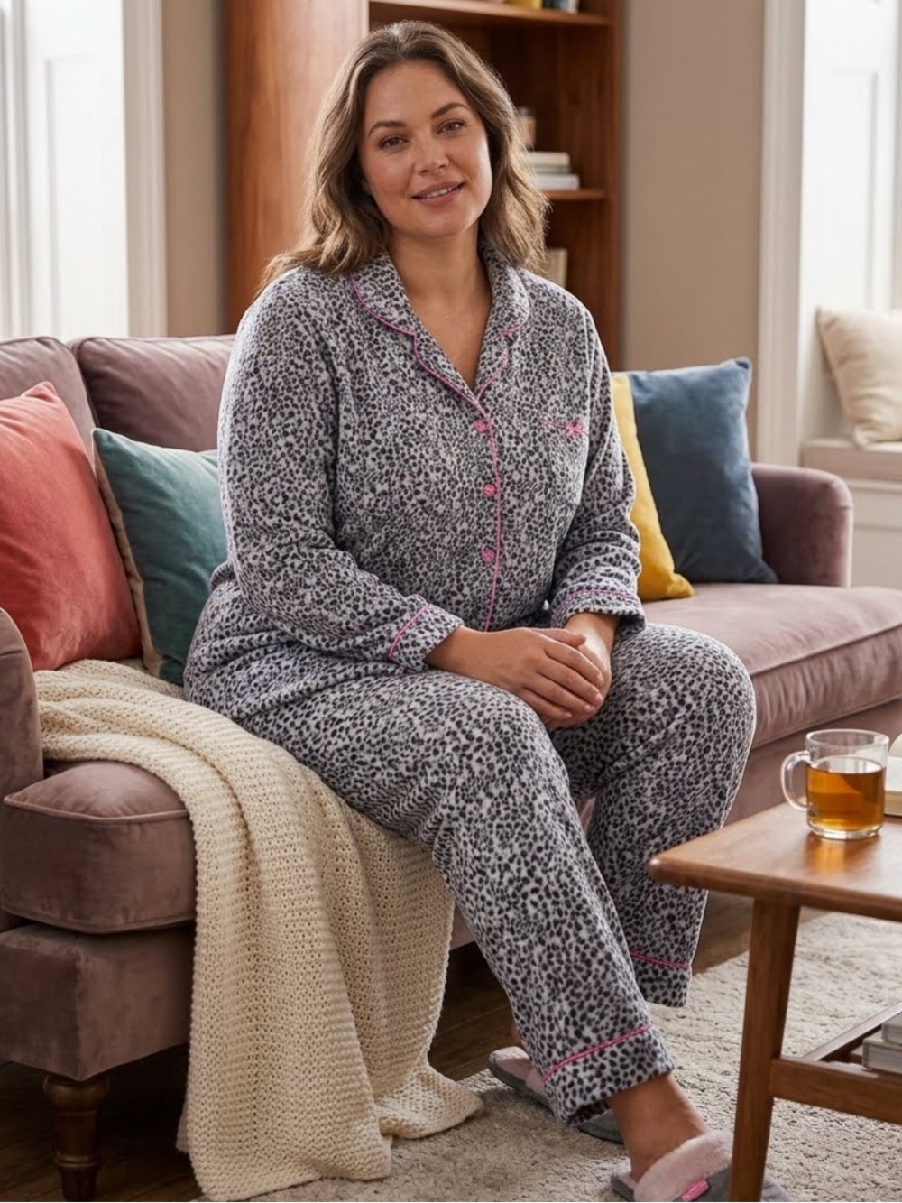 🌟CELESTIAL DREAMS- Grey Leopard Print Soft L/S PJ Set w/ Pink Trim-Sz 3X